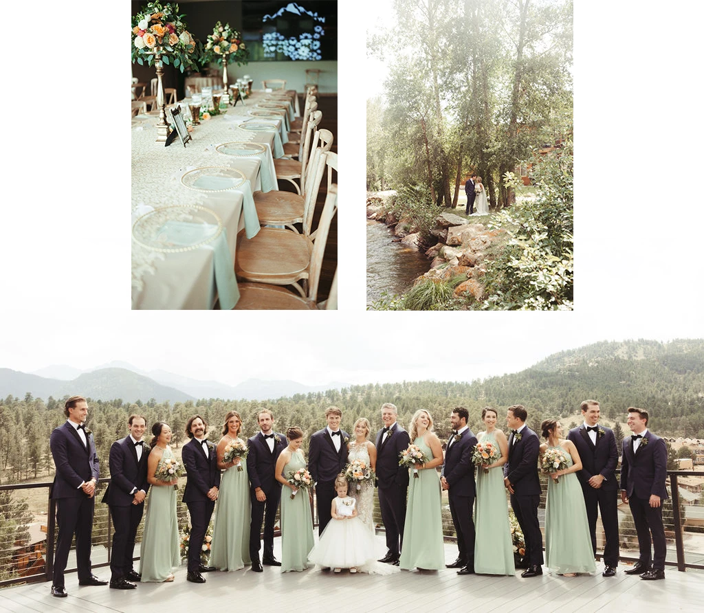 Collage of a wedding with bridal party, table and kiss