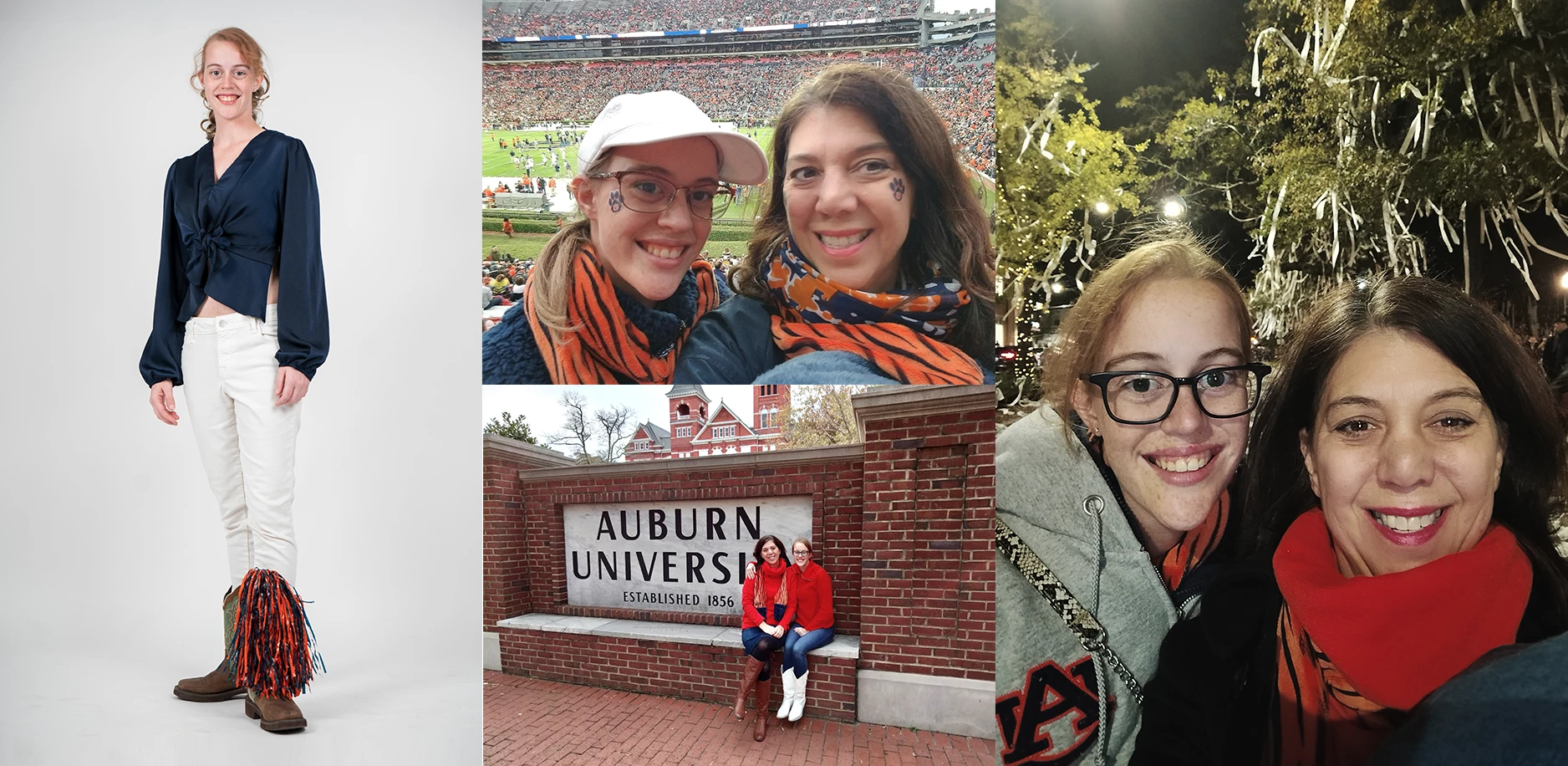 Collage of Amanda and Taylor Piper at Auburn, a football game and in front of rolled trees at Toomer’s Corner.