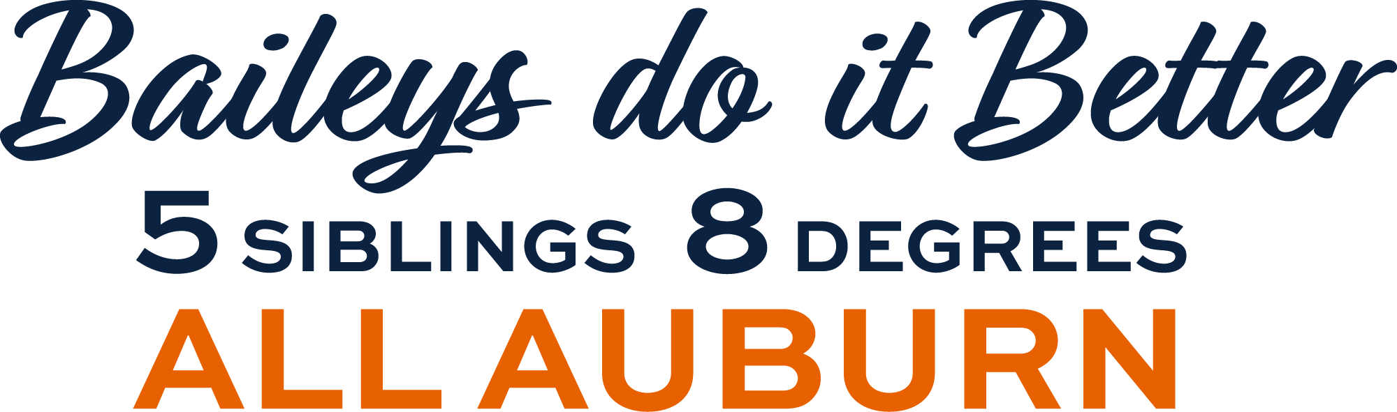 baileys do it Better 5 siblings 8 degrees all auburn typography