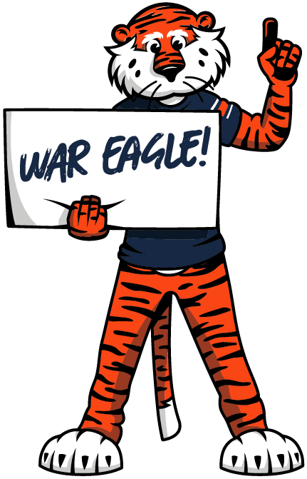 Illustration of Aubie the Tiger, the Auburn University mascot, wearing a navy blue shirt and holding a sign that reads "WAR EAGLE!" in blue script. Aubie is raising one finger in the air.