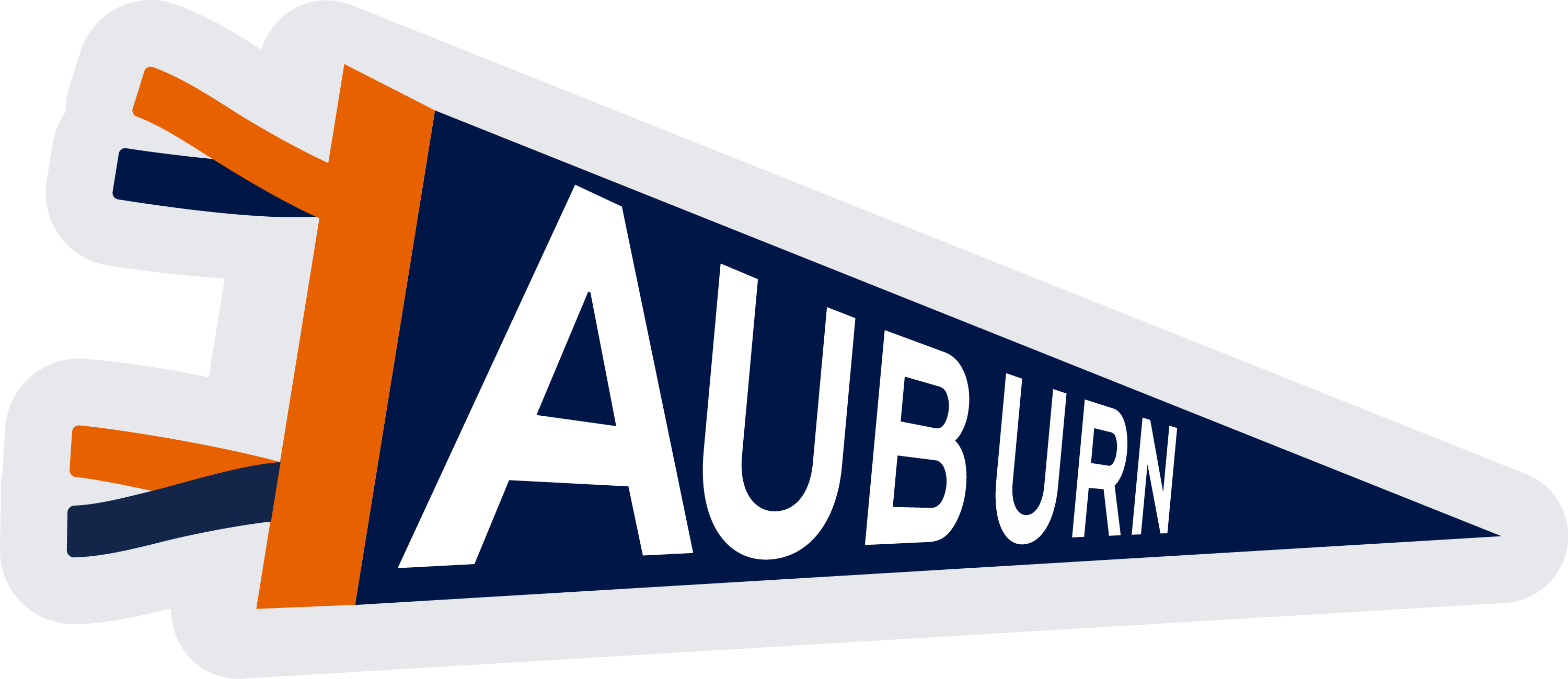Illustration of a navy blue and orange Auburn University pennant with "AUBURN" written in white capital letters. The pennant has an orange and navy tassel on the left side and a gray outline.