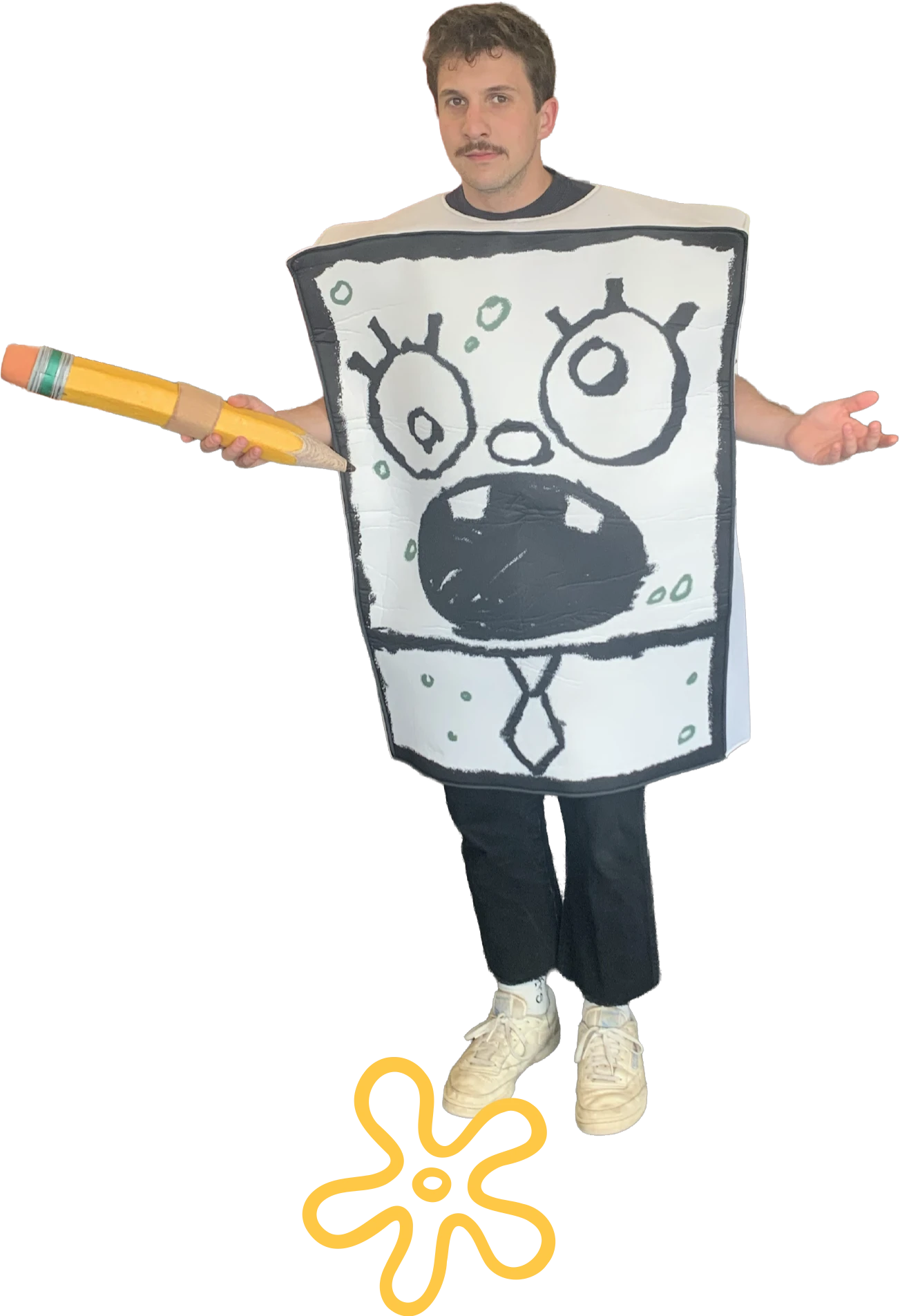 Caleb wearing a DoodleBob costume while holding a giant pencil