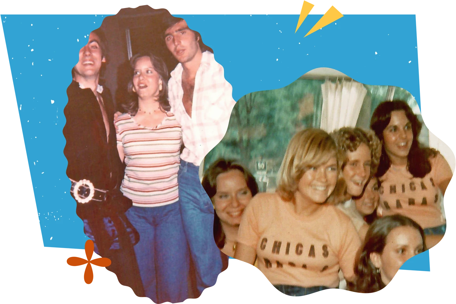 Susan Melton talking with a troubadour group in her dorm room in Madrid in 1976. & A young Susan Melton smiling with a group of girls on a study abroad trip to Spain.