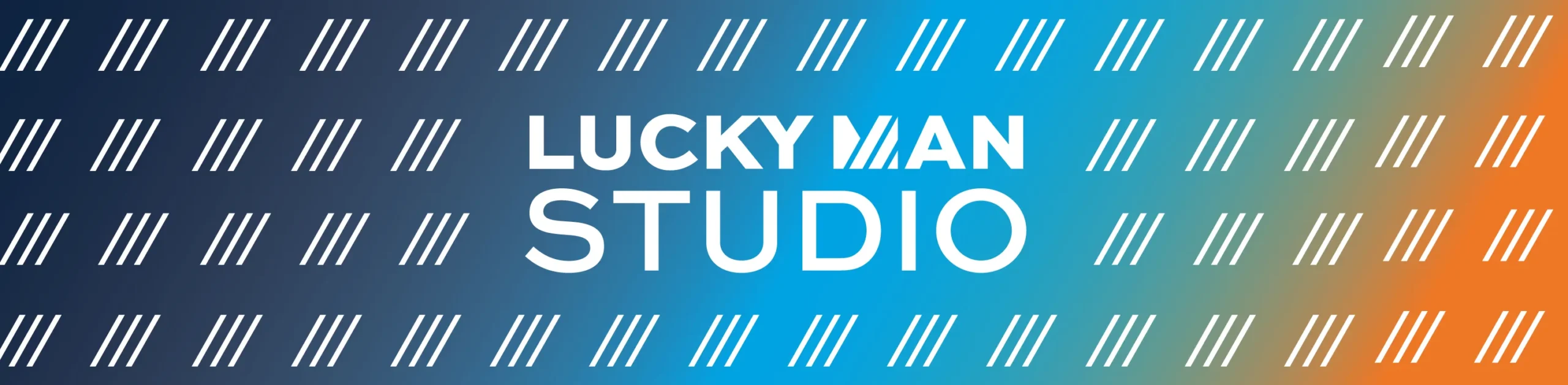 Digital graphic with the following words that read LUCKY MAN STUDIO in large white stylized customized text on a multi-colored (dark shades of navy blue to bright powder or baby blue to dark turquoise or marine green to bright orange) gradient background; The background is overlaid with a pattern of short, thin, white diagonal lines arranged in rows
