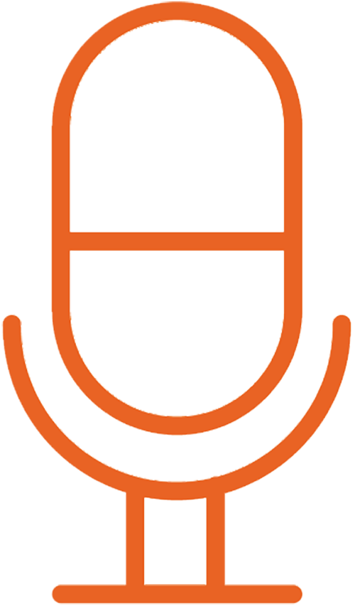 A bold, stylized orange color minimalistic vector digital graphic of a retro-style recording microphone on a stand