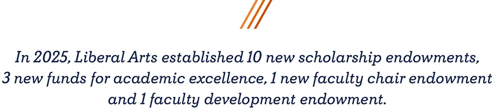 Text graphic reading “In 2025, Liberal Arts established 10 new scholarship endowments, 3 new funds for academic excellence, 1 new faculty chair endowment and 1 faculty development endowment.”